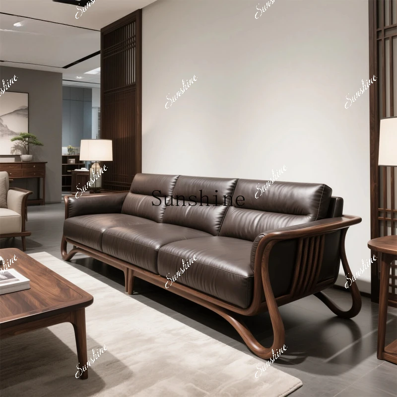 New Chinese-style all-solid wood leather sofa light luxury modern simple design creative furniture customizationY