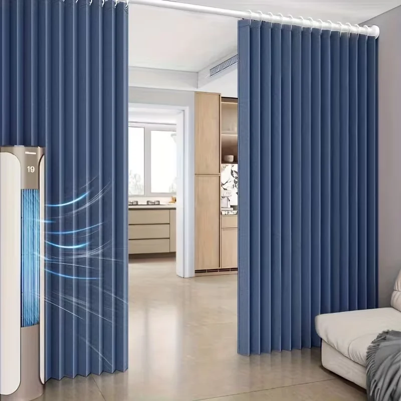 

Стильные складные синие шторы-перегородки, дизайн с крупными отверстиями, ультратолстая ткань, плиссированный процесс обработки, крючки для подвешивания.