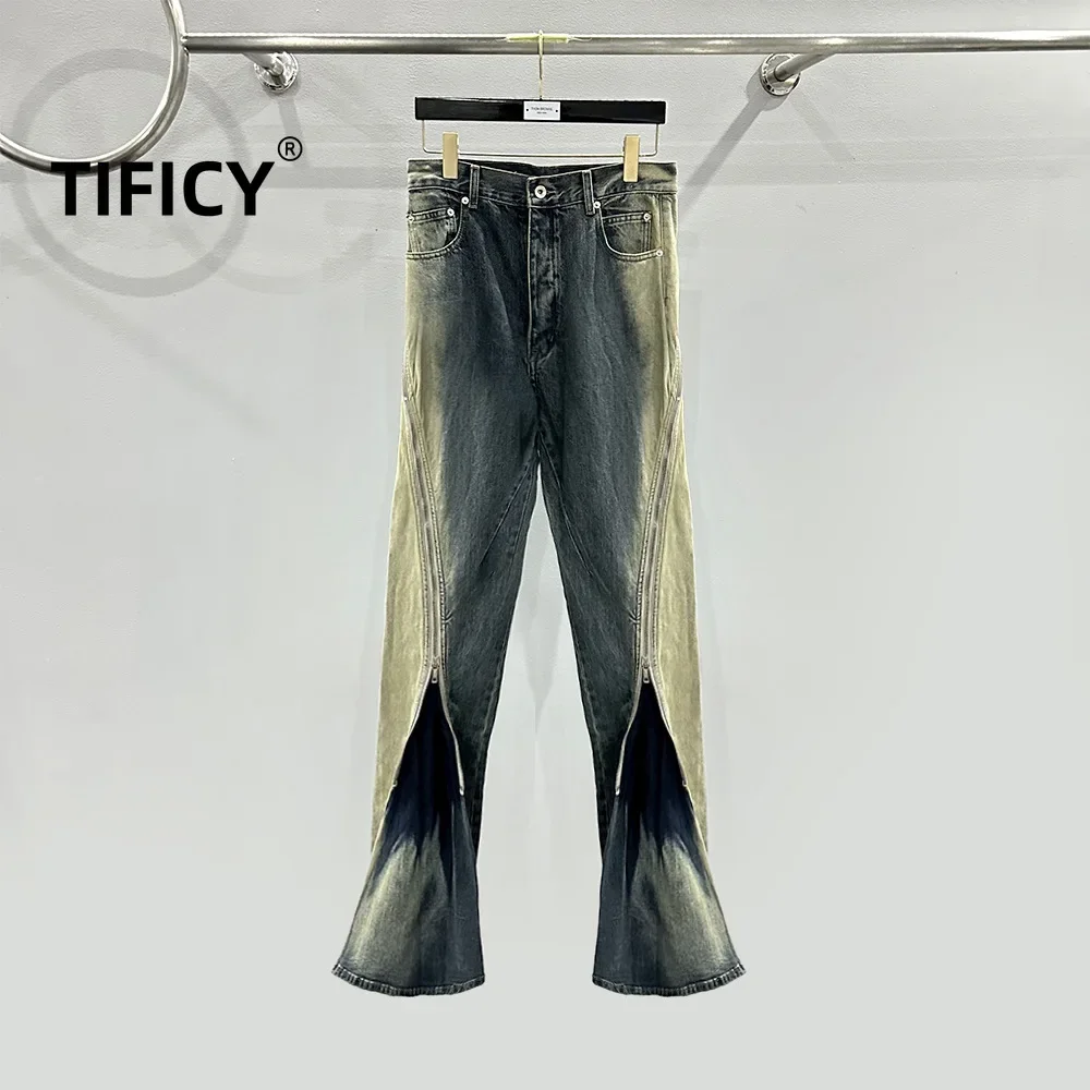 

TIFICY High Street Jean Pants Men's Trendy Zipper Design Gradient Wash Blue Curved Knife Denim Motorcycle Pants