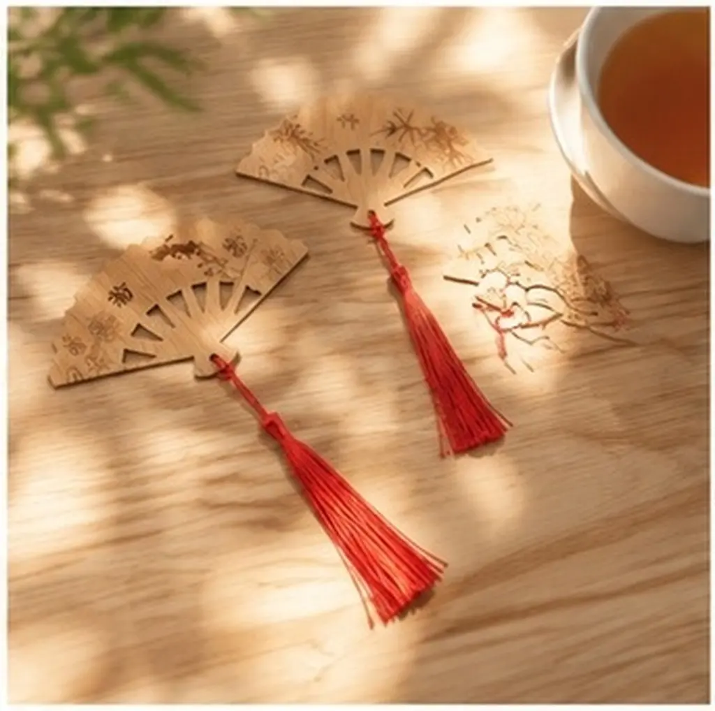 4Pcs Elegant Bamboo Bookmarks Classical Fan Design Tassels Chinese Cultural Art Motifs for Women Book Lovers Exquisite