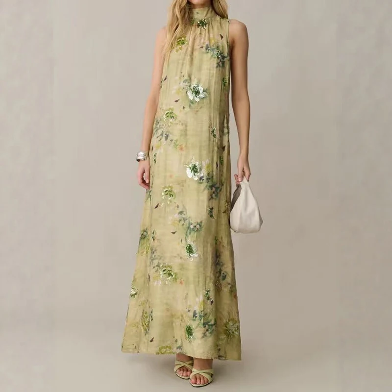 Sexy Backless Sleeveless Beach Vacation Dress Temperament Hanging Neck Strap Large Swing Dress Vintage Floral Print Loose Dress