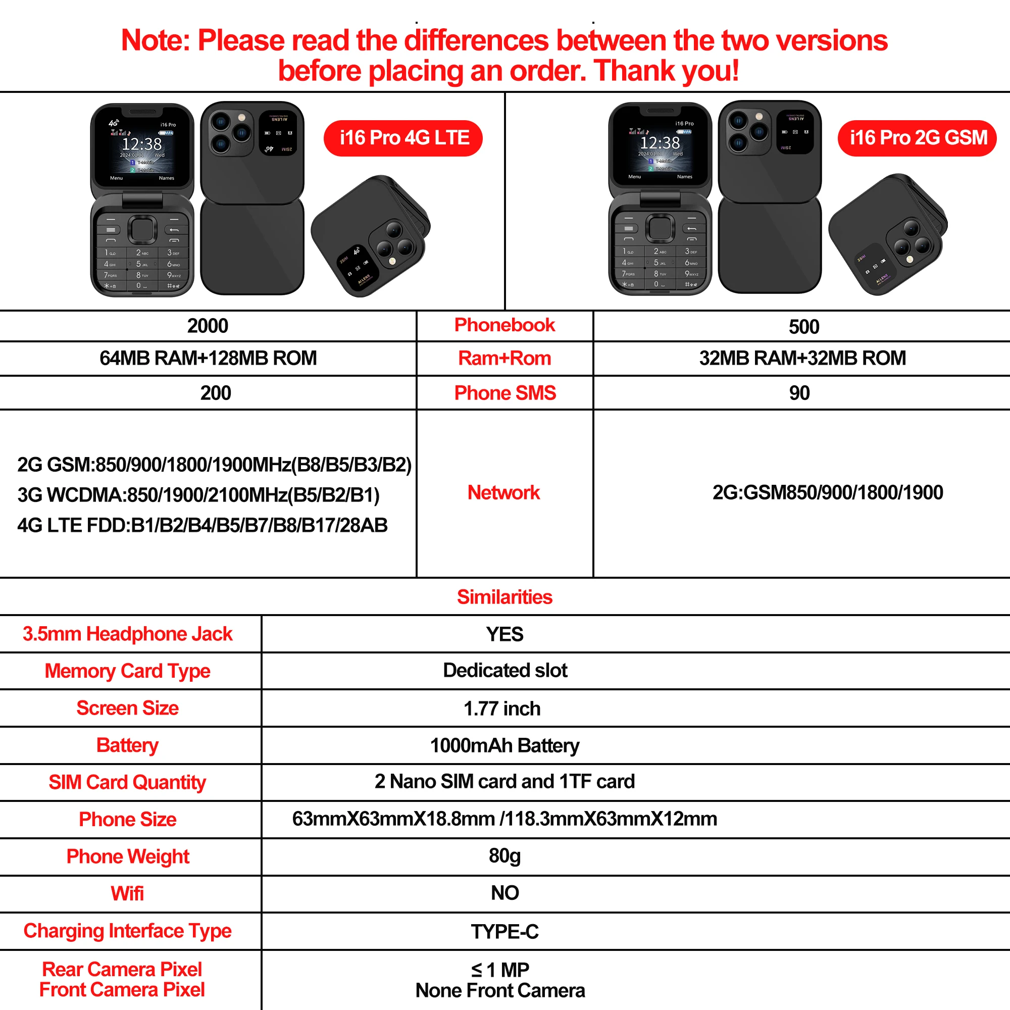 SERVO i16 Pro 2G GSM/4G LTE Network Small Flip Mobile Phone 2 SIM Standby Call Recording Speed Dial 1.77