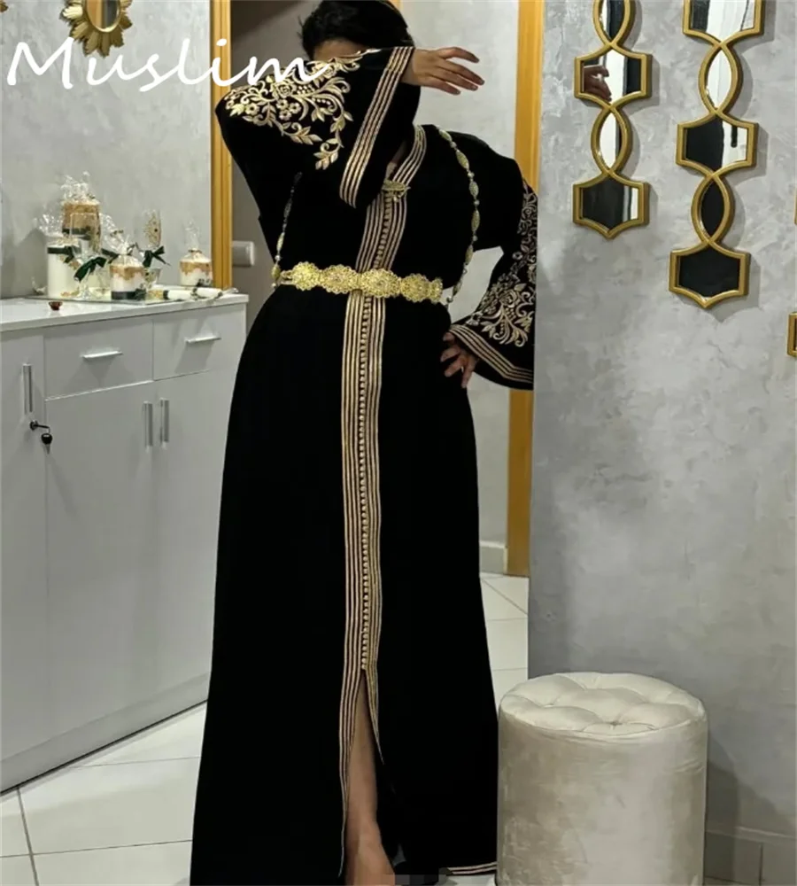 

Albanian Black Evening Dress Plus Size Dubai Arabic Embroidery Long Sleeve Caftan Morrocan Prom Dress Formal Algerian Customized