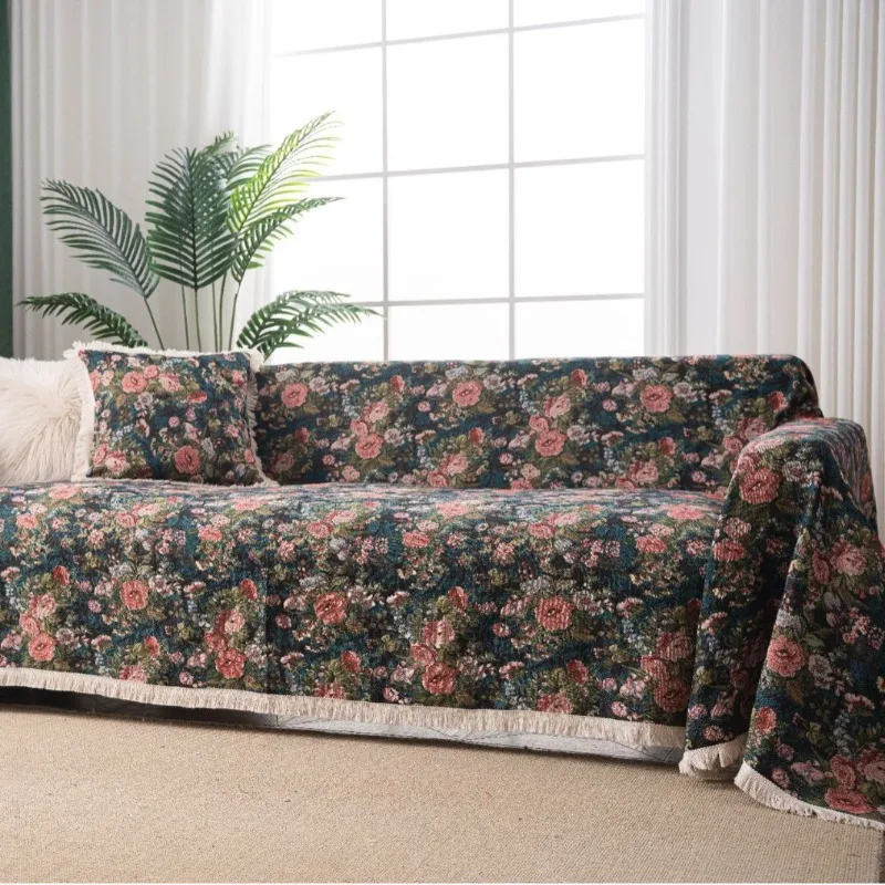 Slipcover Prevent Cat Scratching Jacquard Iris Flower Vintage Festive Thick Sofa Cover Blanket