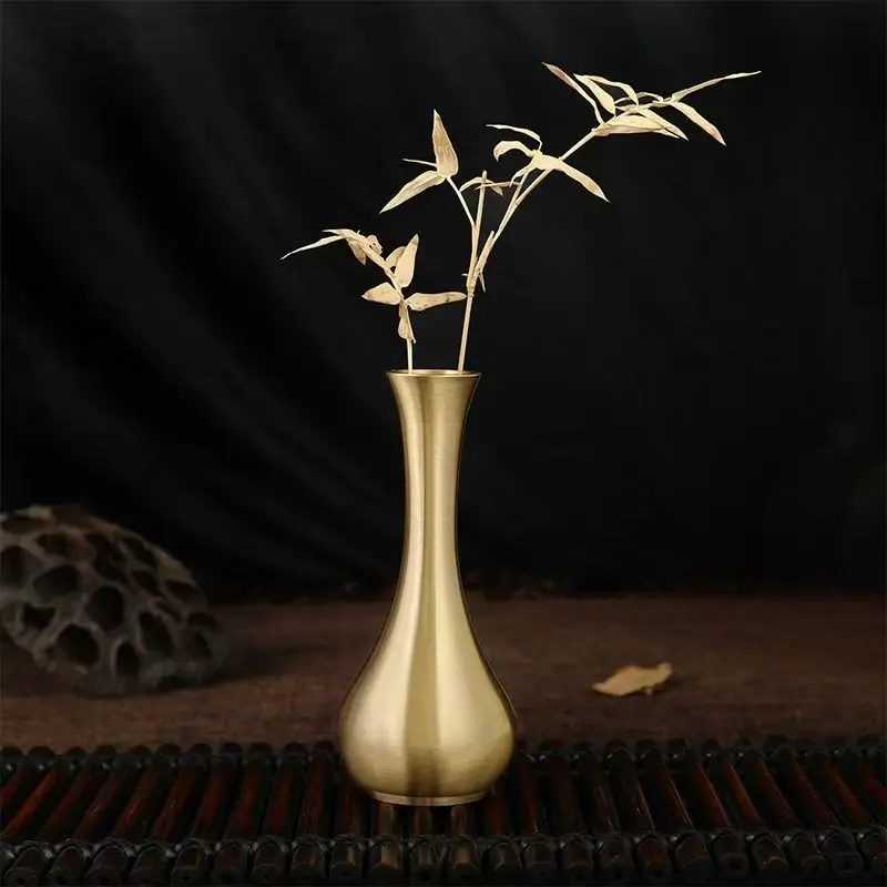 Brass Jade Pure Vase, Small Decorative Flower Vase with Slim Neck, Premium Solid Brass Tabletop Ornament for Living Room.