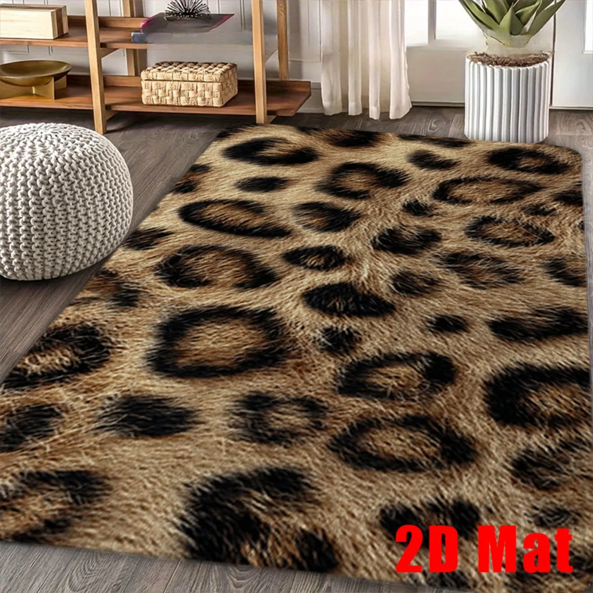 2D Flat, 1pc 2D Flat Faux Fur Leopard Print Flannel Area Rug Non Slip Luxury Animal Skin Carpet For Bedroom Living Room Floor