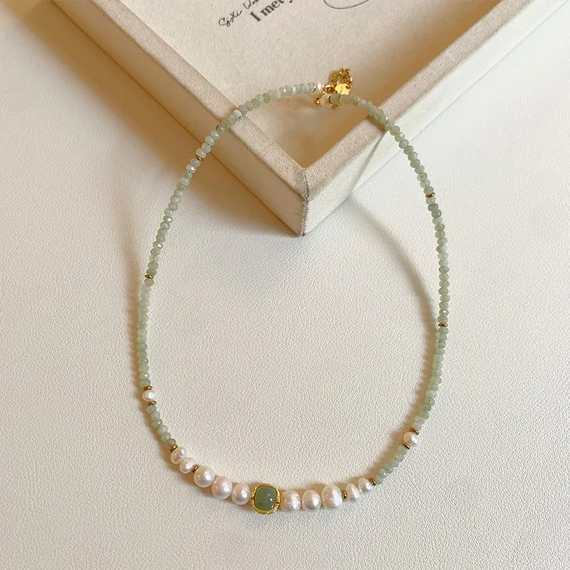 

Minar Wholesale Green Jade Genuine Freshwater Pearl Strand Beaded Necklace for Women 14K Real Gold Plated Copper Chain Chokers