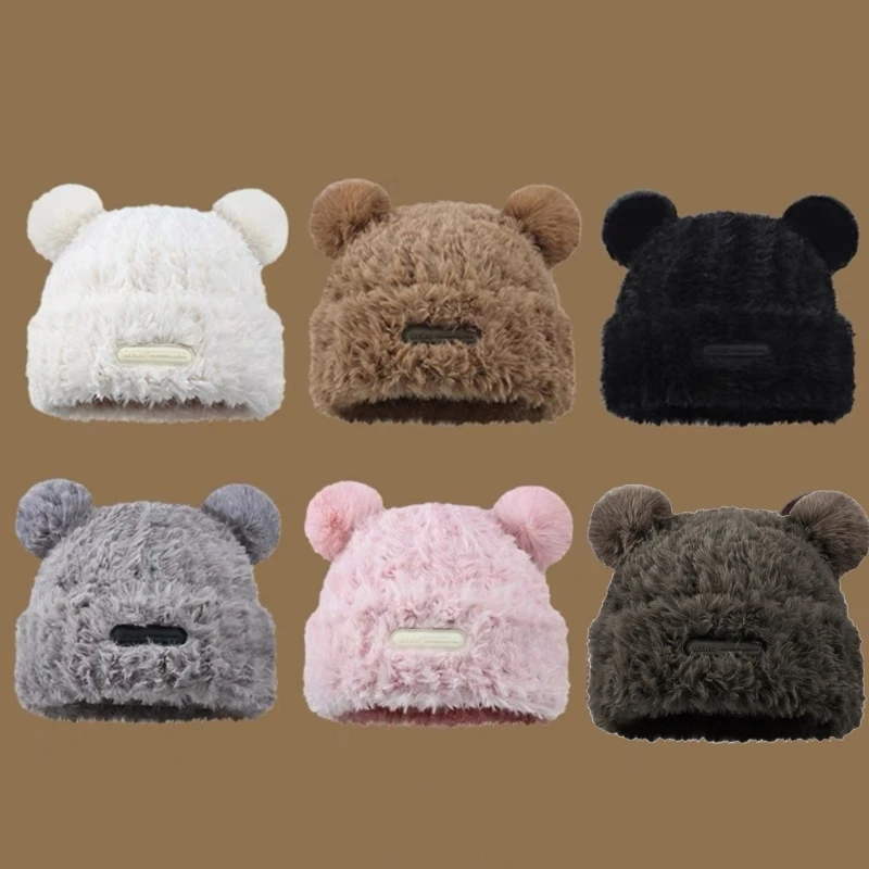 Furry Bear Beanie Colorful Buttons Headgear for Outdoors Windproof Headwear New Year Winter Christmas Party