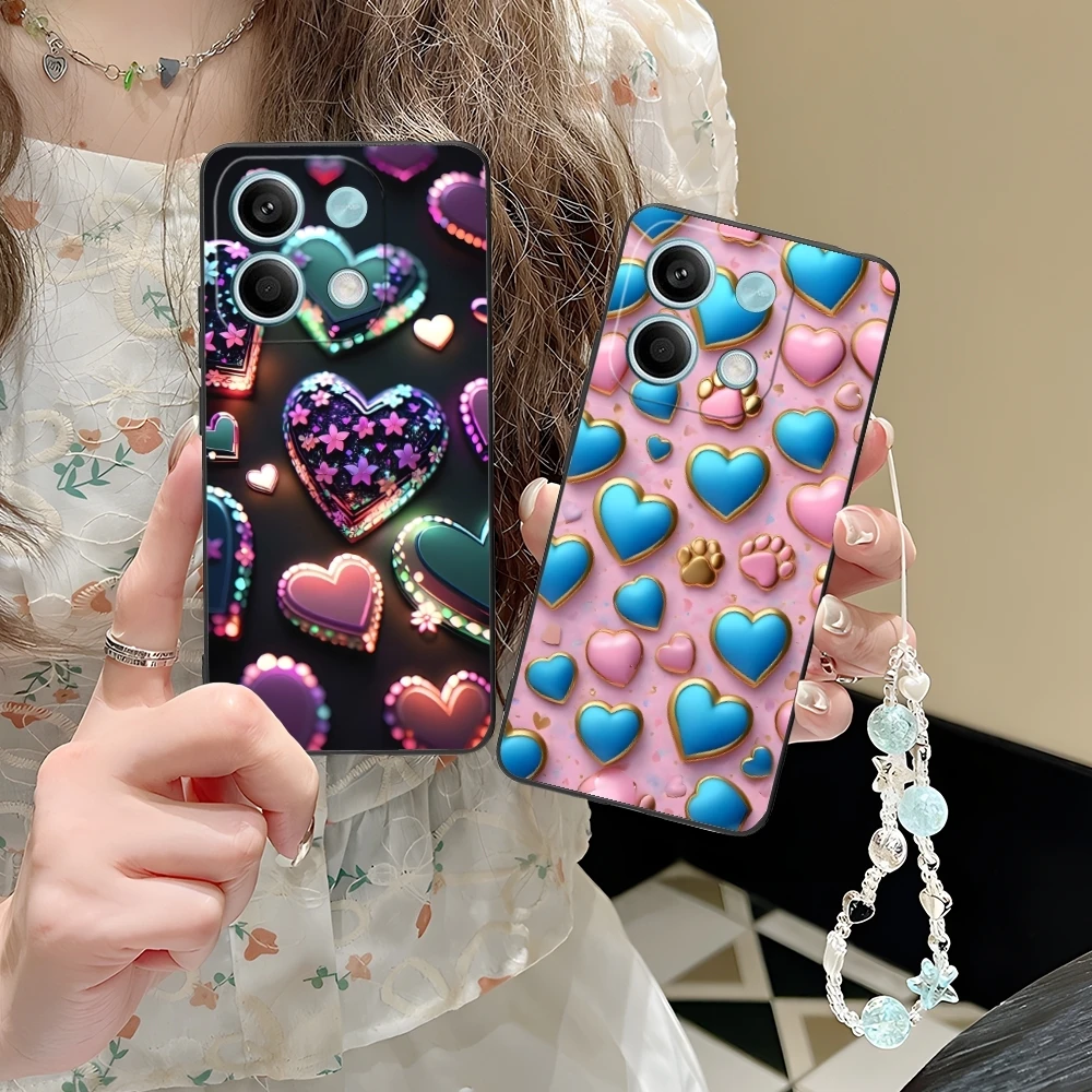 Y2K Glowing Love Hearts Mobile Phone Case for Xiaomi POCO M6 M5 M4 M3 X6 X5 X4 X3 F6 F5 F4 F3 F2 C40 Pro GT 5G Black Cover Shell