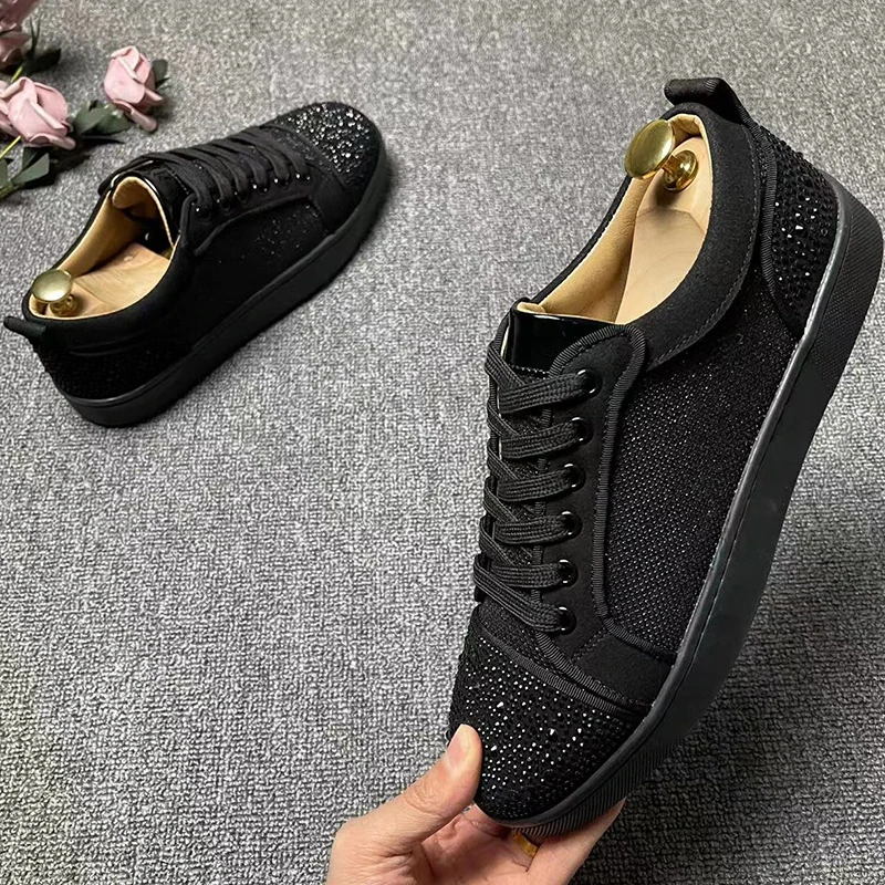 

men's fashion stage nightclub dress rhinestone shoes lace-up flat shoe black trendy breathable sneakers personality footwear man