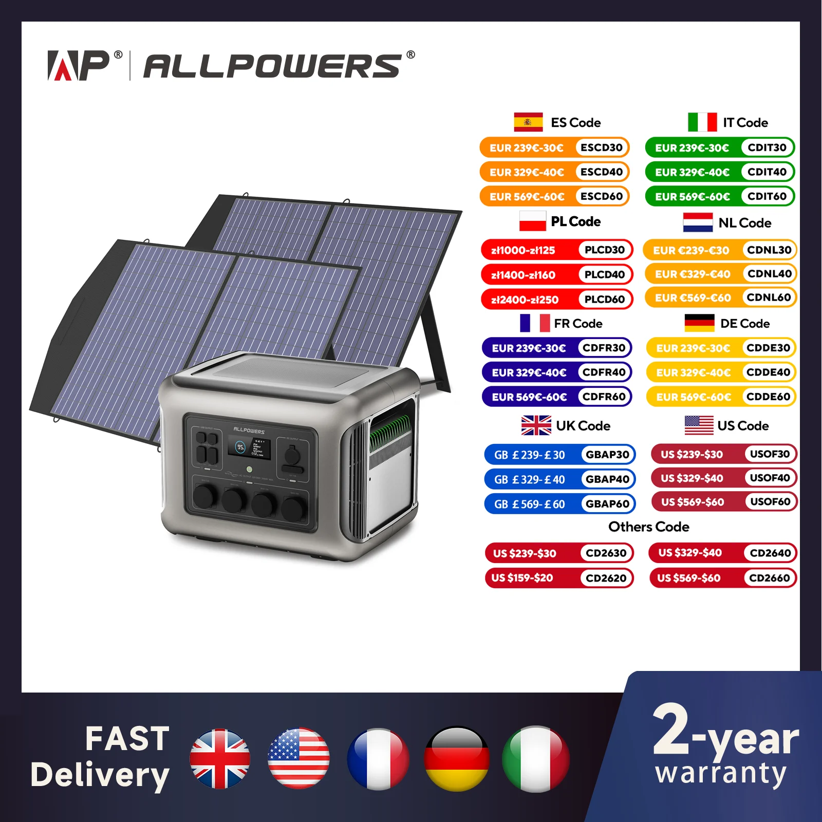 ALLPOWERS R2500 Солнечный генератор 2500 Вт (4000 Вт пиковая), портативная электростанция LiFePO4 2016 Втч с солнечной панелью 4 розетки переменного тока для дома