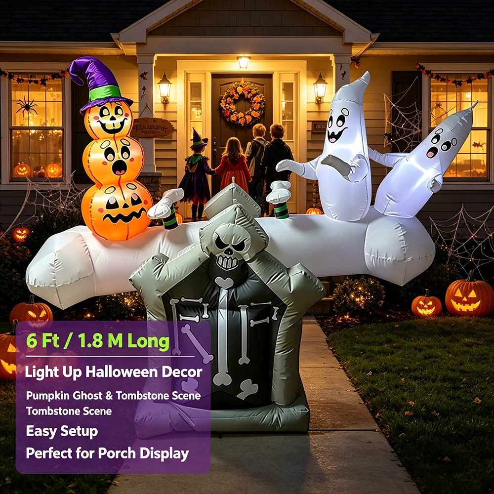 1.8M Inflatable Tombstone Pumpkin & Ghost Seesaw LED Lighted Yard Decor Outdoor Halloween Blow Up Ornament