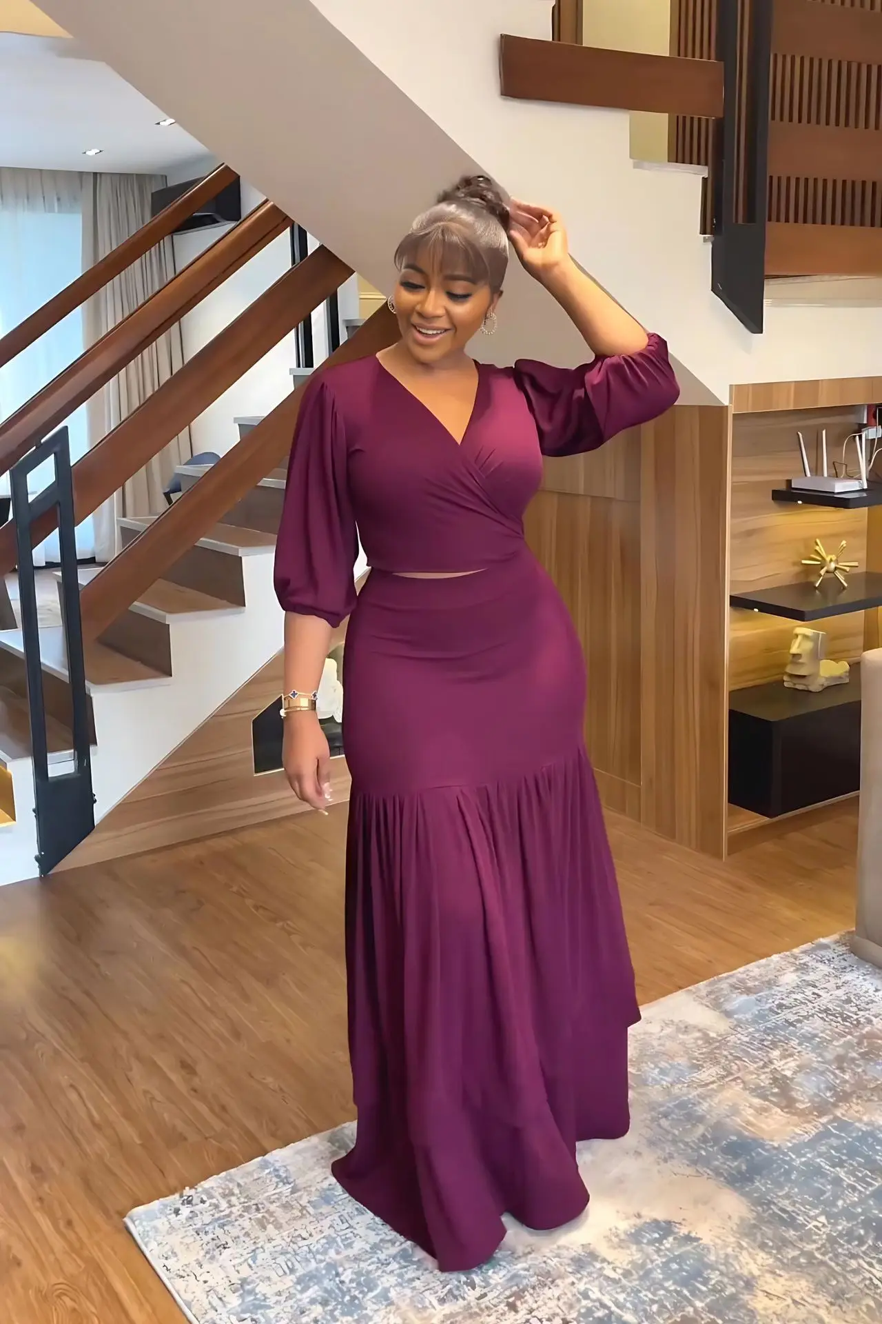 

Summer Simple Style Solid Two Pieces Suits Ladies V Neck Short Sleeves Tops+High Waist Slim Skirt Sets Temperament Clothing 2025