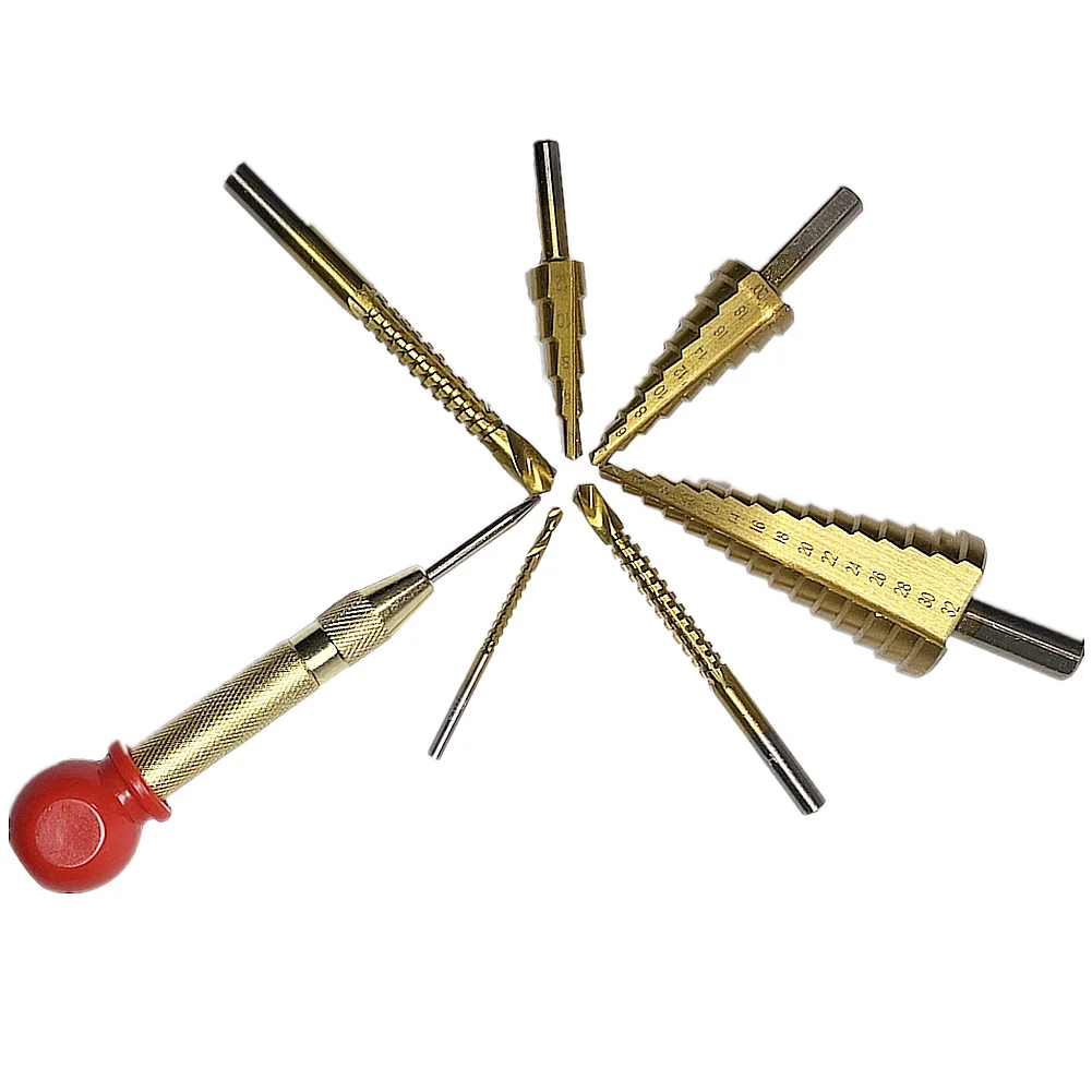 7Pcs Step Drill Bit Saw Drill Center Punch Set Titanium Milling Cutter Woodwork Metal Core Hole Opener 4-12 4-20 4-32mm 3 6 8mm