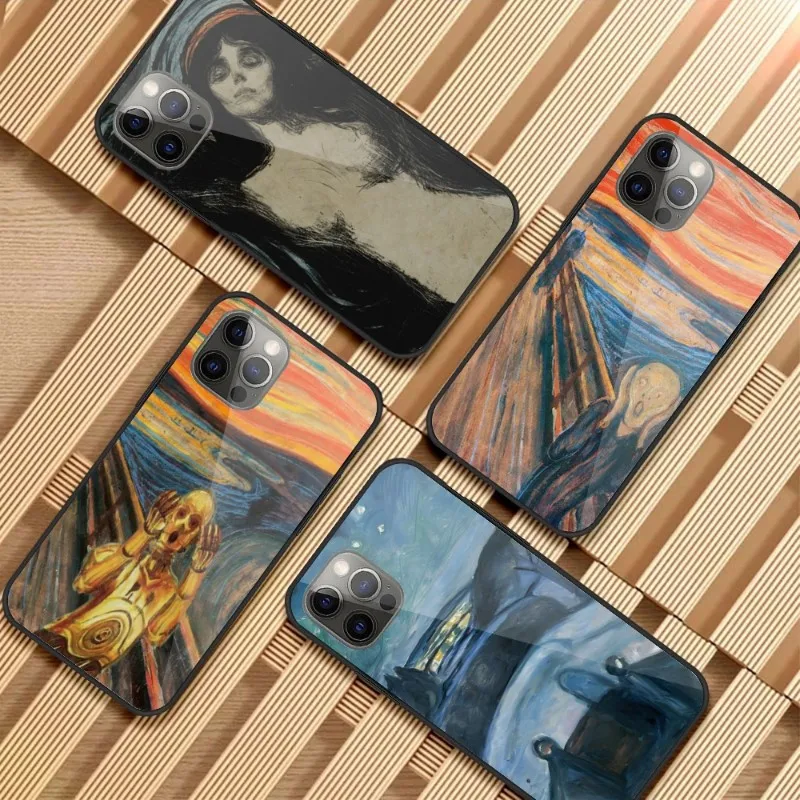 Munch Vintage Oil Painting Phone Case for iPhone 14 13 12 11 XS X 8 7 6 Plus Mini Pro Max SE 2022 PC Glass Phone Cover