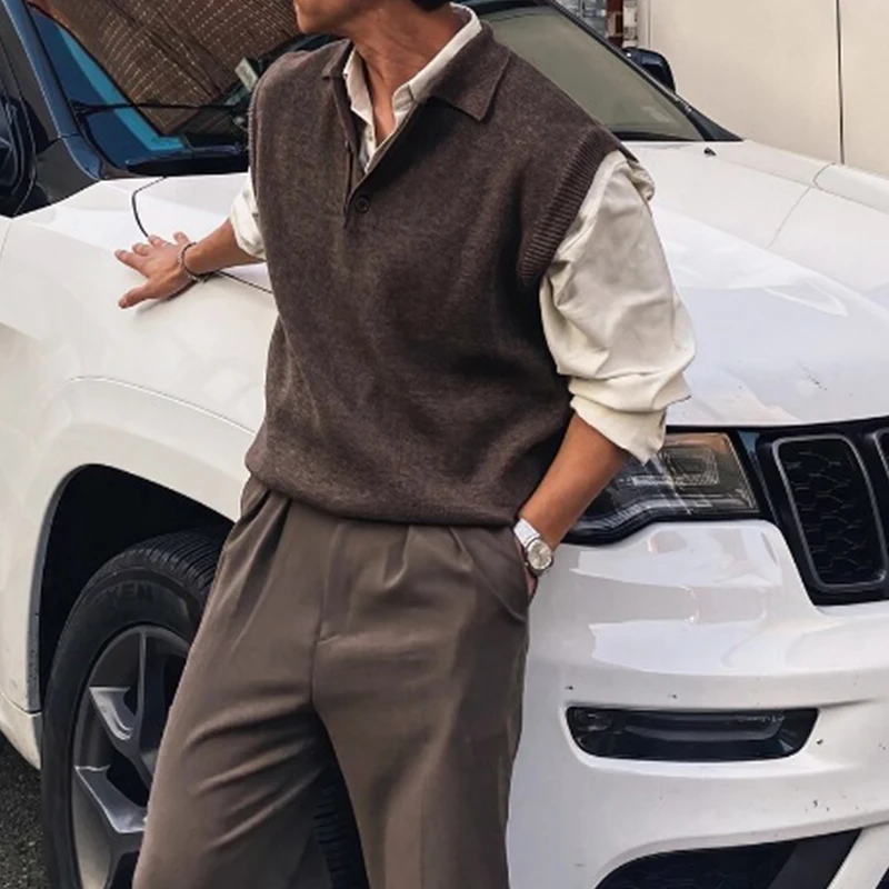 Vintage tricot gilet hommes chandails printemps automne mode couleur unie sans manches tricot débardeurs hommes en plein air pull décontracté hauts