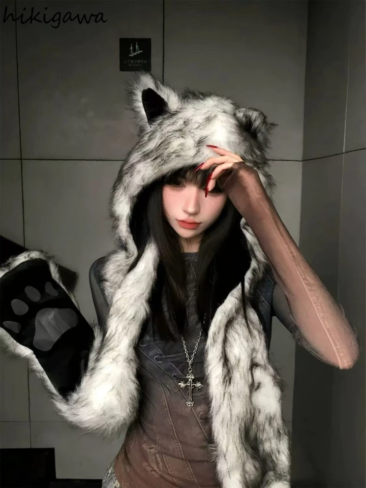 Women Faux Fur Hood Animal Hat Ear Flaps Gloves 3in1 Animal Fur