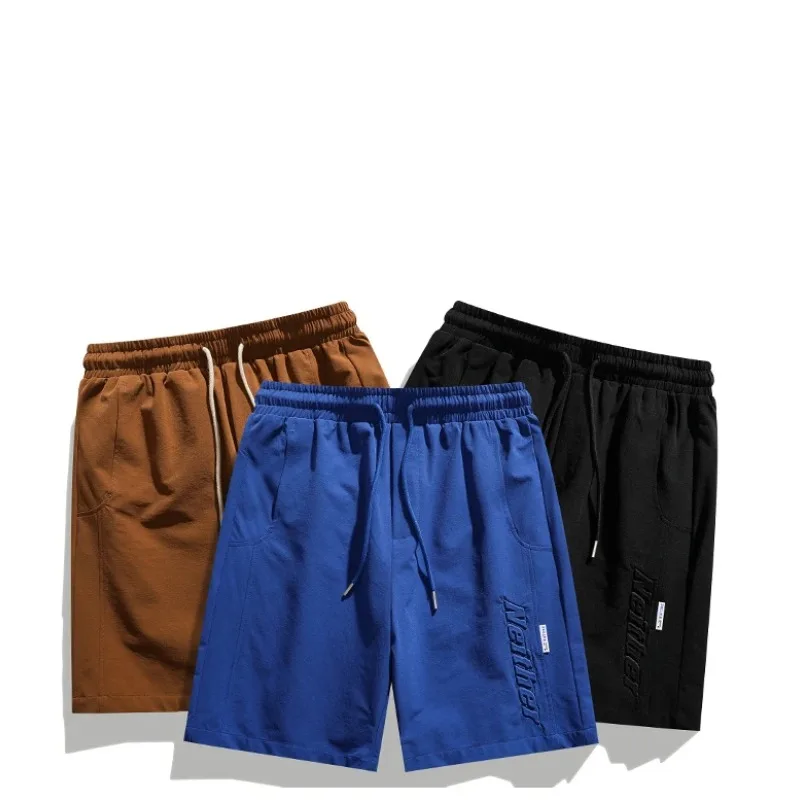 Men's Summer Solid Elastic High Waisted Pockets Bandage Letter Patchwork Casual Work Trousers Fashion Preppy Style Shorts