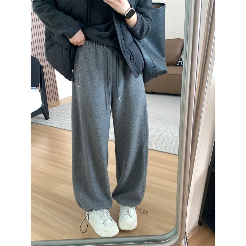 Thicken Solid Warm Pants Women Autumn Winter Korean Loose Drawstring Wide Leg Trousers Solid Casual Women Pants
