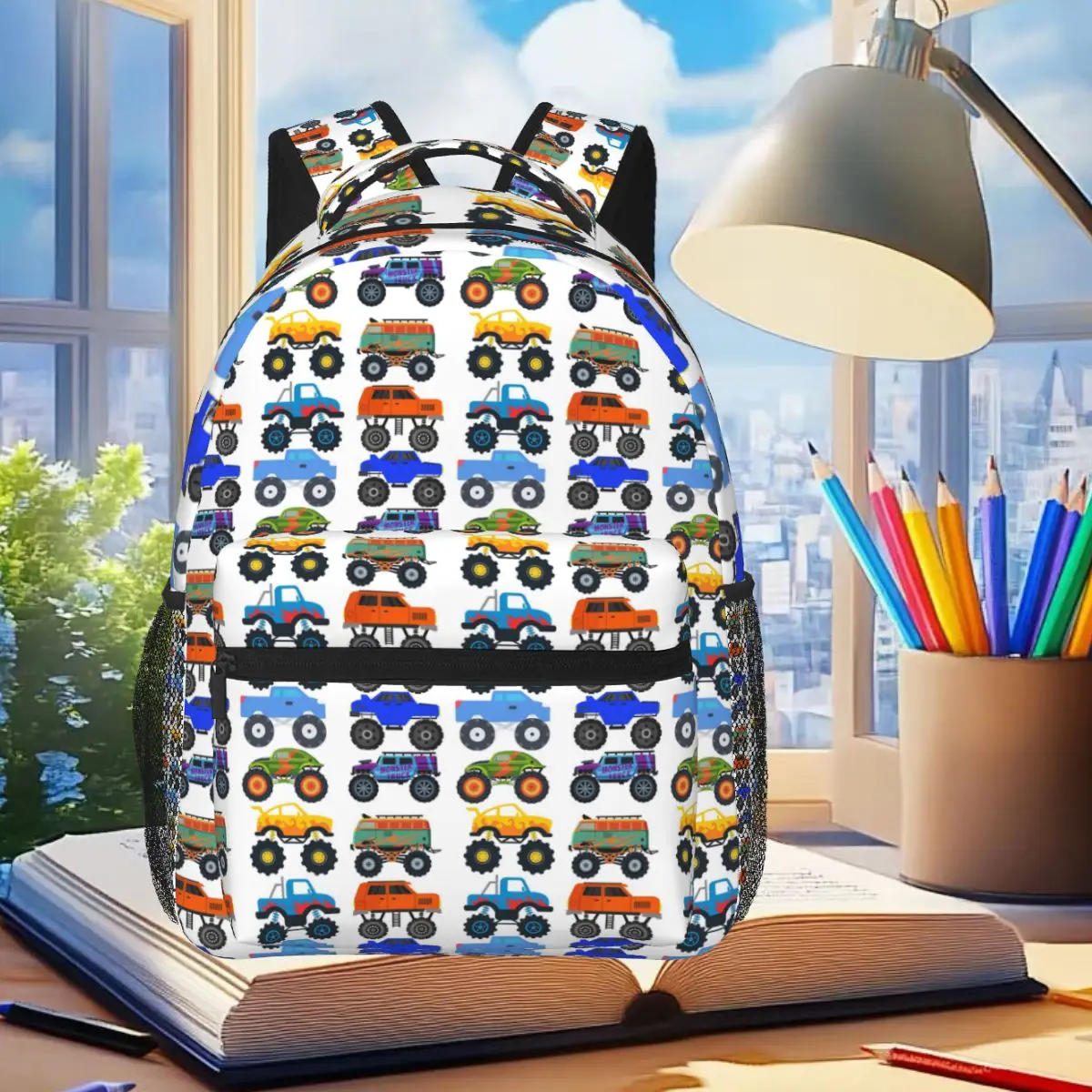 

Monster Trucks Student Backpack School Bag Hiking Travel Daypack for Boys Girls Fashion Bookbag Shoulder Bags