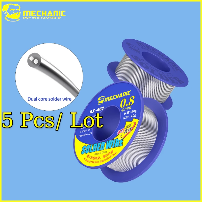 MECHANIC 0.3-1.0mm Dual Core Rosin Flux Soldeerdraad 40g Snel smeltend Laag residu voor PCB Moederbord Reparatie 5PCS Pack SX-862