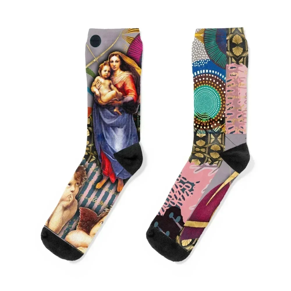 

Fusion of Art: Sistine Madonna meets Kandinsky and African Tribal Patterns Socks tennis cartoon winter Ladies Socks Men's