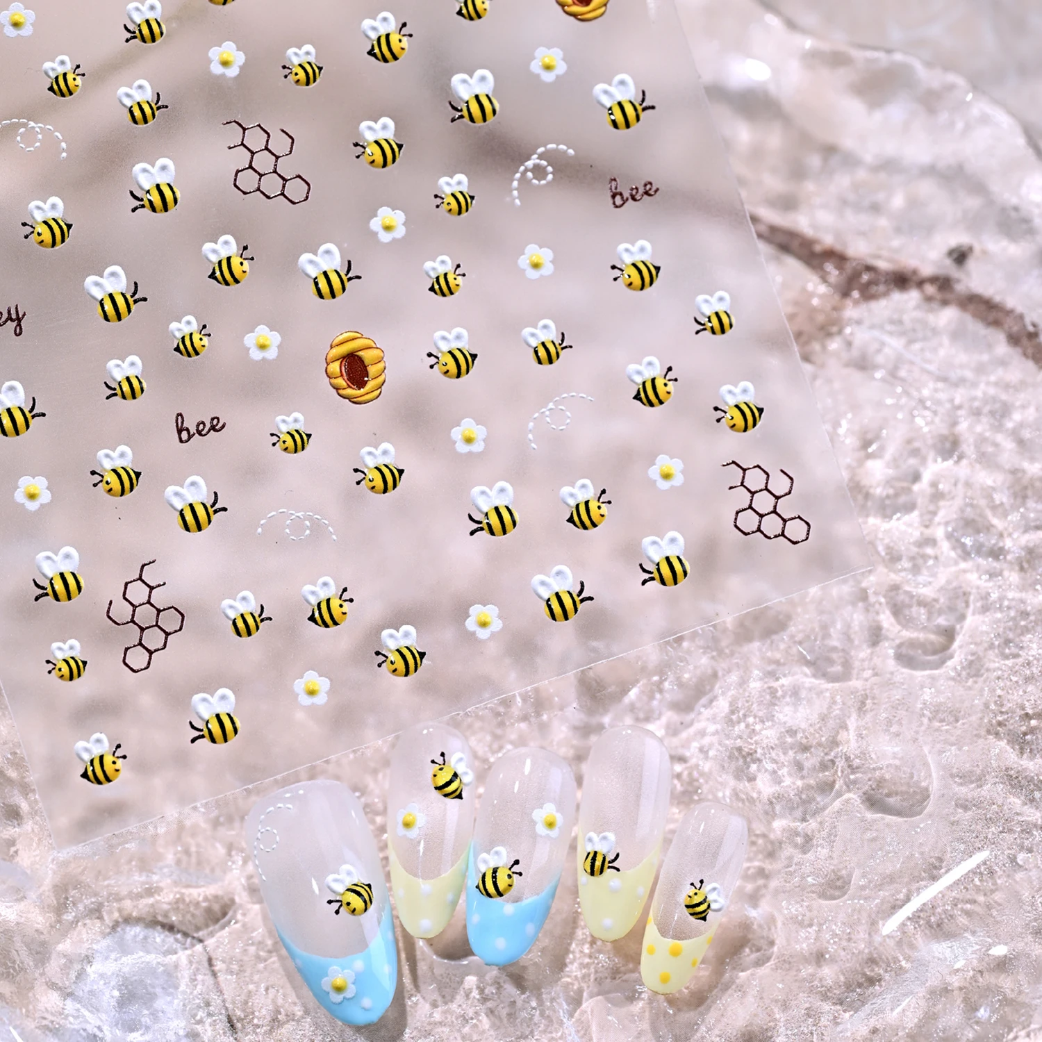 1Pcs Cute 5D Bee Daisy Flower Nail Stickers Embossed Kawaii Yellow Small Bees White Daisy Florals Adhesive Decals Nail Art Decor