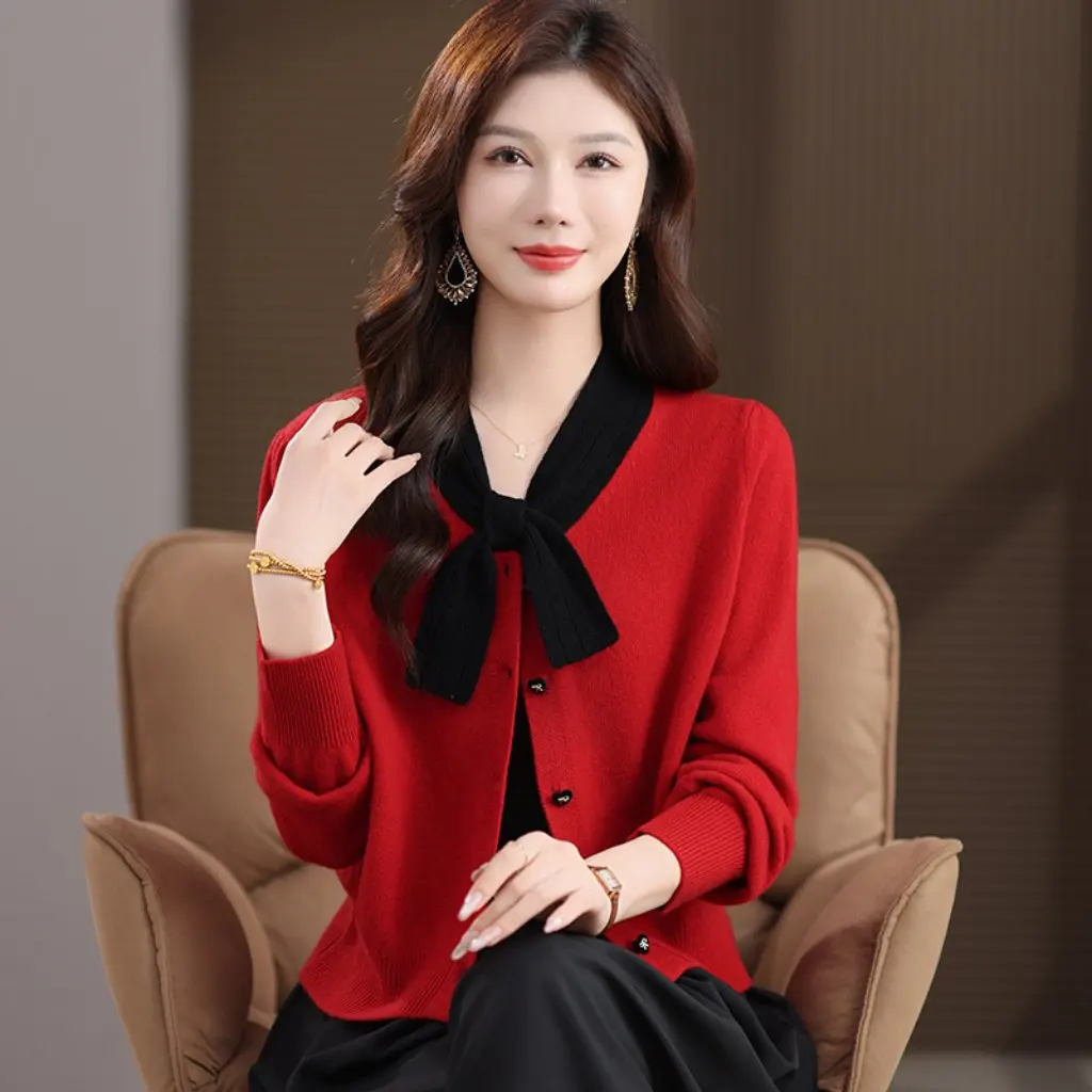 

Slimming Knitwear Woolen Cardigan With Butterfly Knot Splicing Gentle Outerwear Top For Women Fashionable Versatile Style