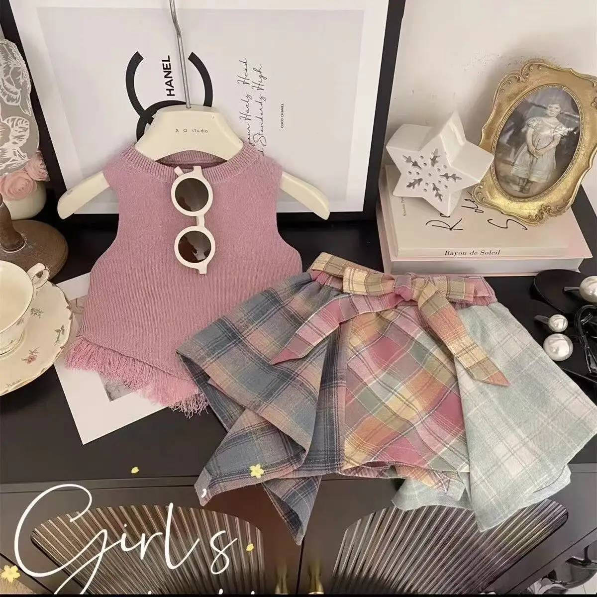 

Girls' Set Summer New Item for Baby Girls Korean Version Tassel Vest+design Checkered Skirt Pants Two-piece Set