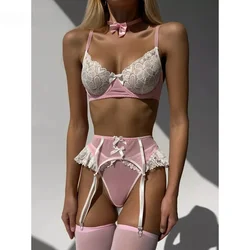 【HOT】5-Piece Lace Lingerie Set Women Choker Bra + Breif Underwear Set Contrast Color Stockings Garter Kit