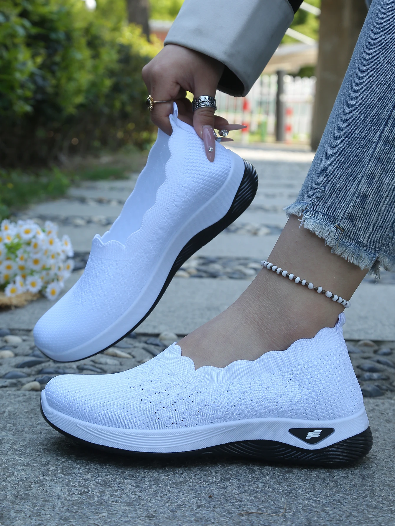 Damen-Slip-On-Freizeitsneaker aus Strick, atmungsaktive, leichte Komfort-Wanderschuhe mit Muschelbesatz, kostenloser Versand – Detail 21