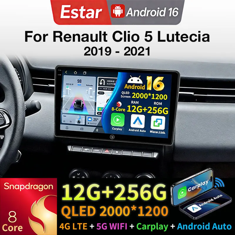 

Автомагнитола Android 16 для Renault Clio 5 Lutecia 2019-2021 с беспроводным CarPlay, Auto DSP, GPS, мультимедийным видеоплеером и навигацией
