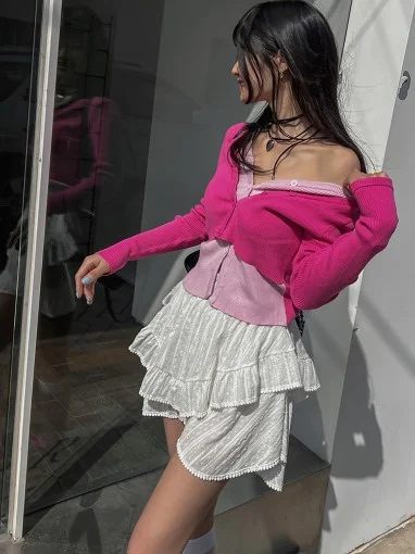 

Sweet Ruffle Hem A-Line Skirt High Waist Elastic Women's Summer Faion Breathable Casual ort Skirts Cake Skirt