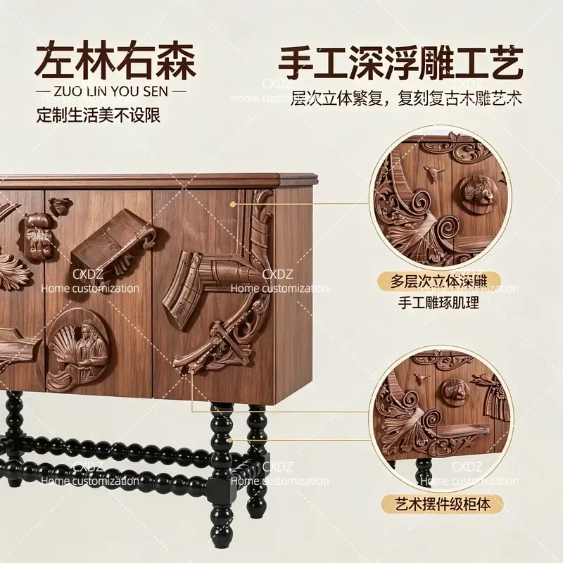 Retro Carved Solid Wood Dining Side Cabinet American Style Storage Decorative Cabinet Vintage Craft B&B Hotel Furniture