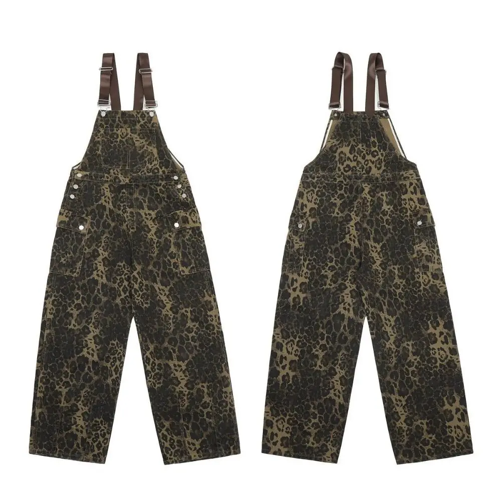 Soft Baggy Leopard Print Overalls Wide Leg Straight Leg Rompers Women Y2k High Waist Retro Leopard Print Pants Lady