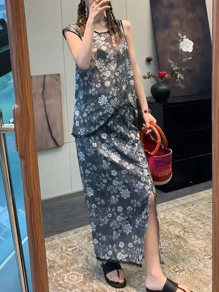 

Лето 2025 г., повседневный круглый жилет с вышивкой Ne Svel, комплект с юбкой, модный дизайн, длинная юбка с высокой талией, комплект из двух предметов