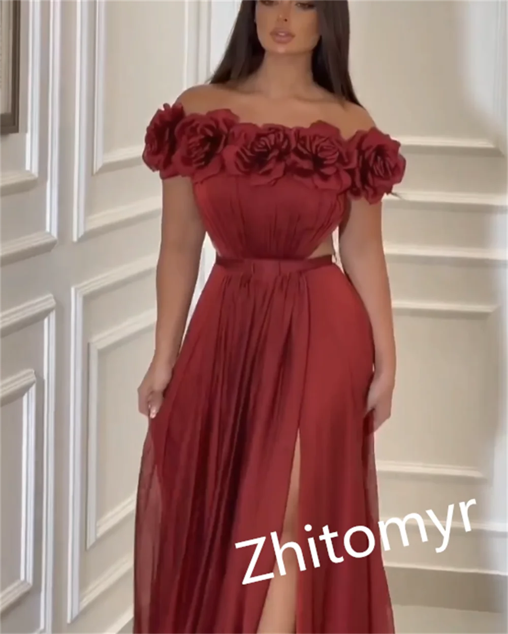 Vestido de fiesta elegante con hombros descubiertos, traje largo de alta calidad, con flores hechas a mano, tul