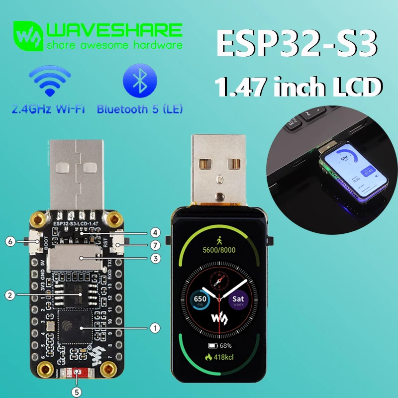 

Waveshare ESP32-S3 1,47-дюймовый дисплей Deve Board, поддержка Wi-Fi и Bluetooth 172×320, 262K, частота до 240 МГц, ЖК-экран
