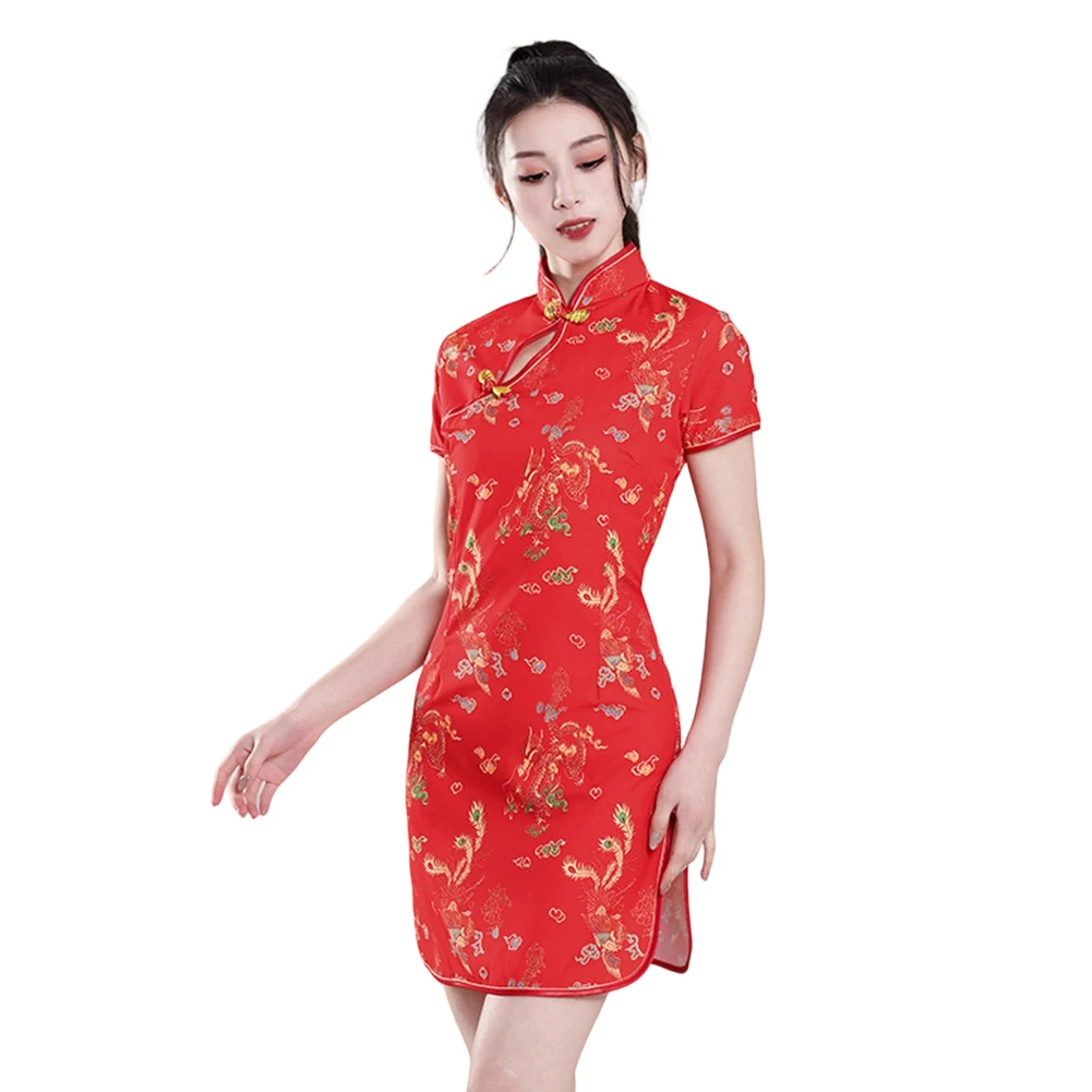 

Vintage Chinese Dragon Printed Cheongsam Dress for Women with Mandarin Collar Designed for Casual and Party Settings