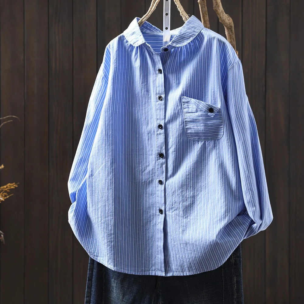 

Enianechu/2026, осенняя женская одежда, хлопковые синие, черные полосатые рубашки и блузки для женщин, повседневные рубашки с длинными рукавами