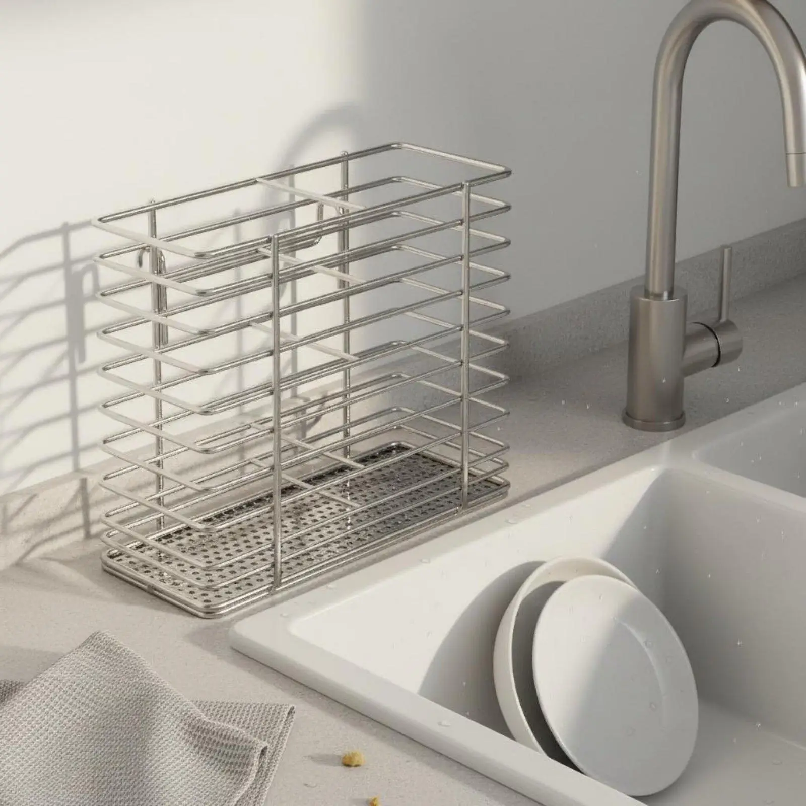 Compact Dish Drying Rack for Kitchen Sink Stainless Steel Dish Drainer with Drainboard Narrow Profile Rust Resistant Storage