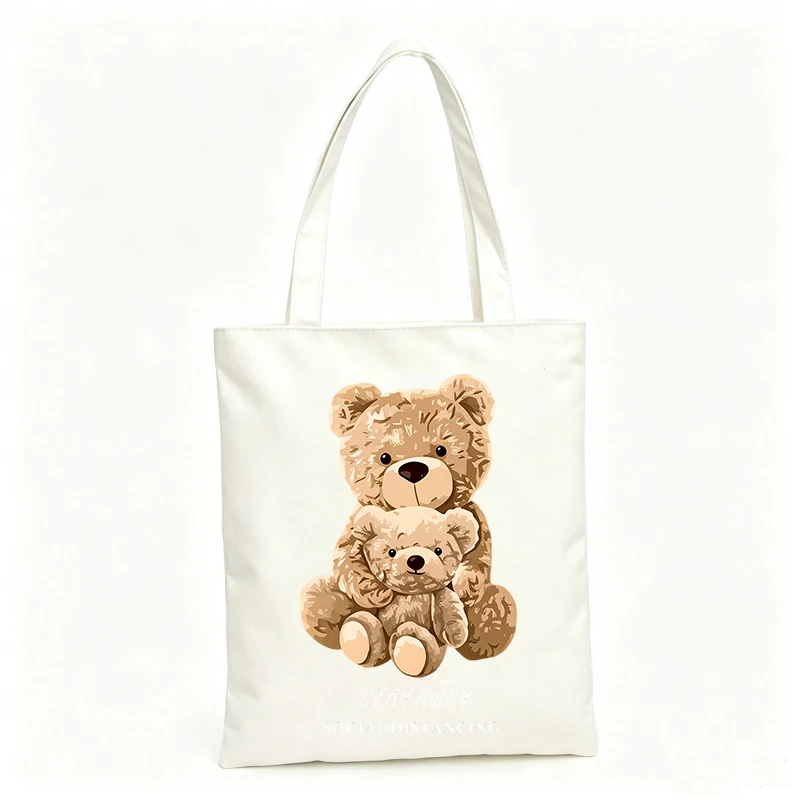 Women's canvas tote bag with bear graphic, casual style for daily use and shopping outings