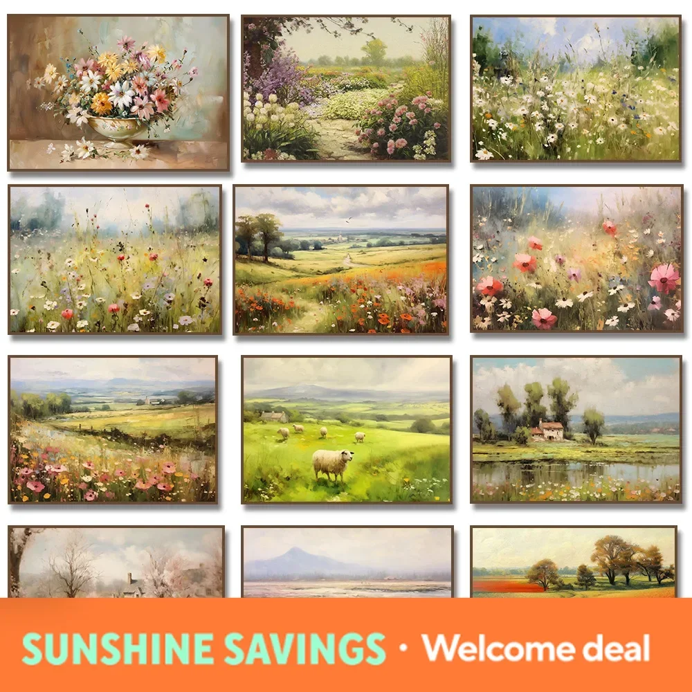 Wildflowers Countryside Lake Still Life Canvas Painting Floral Art Print Vintage Meadow Landscape Poster Farmhouse Wall Decor