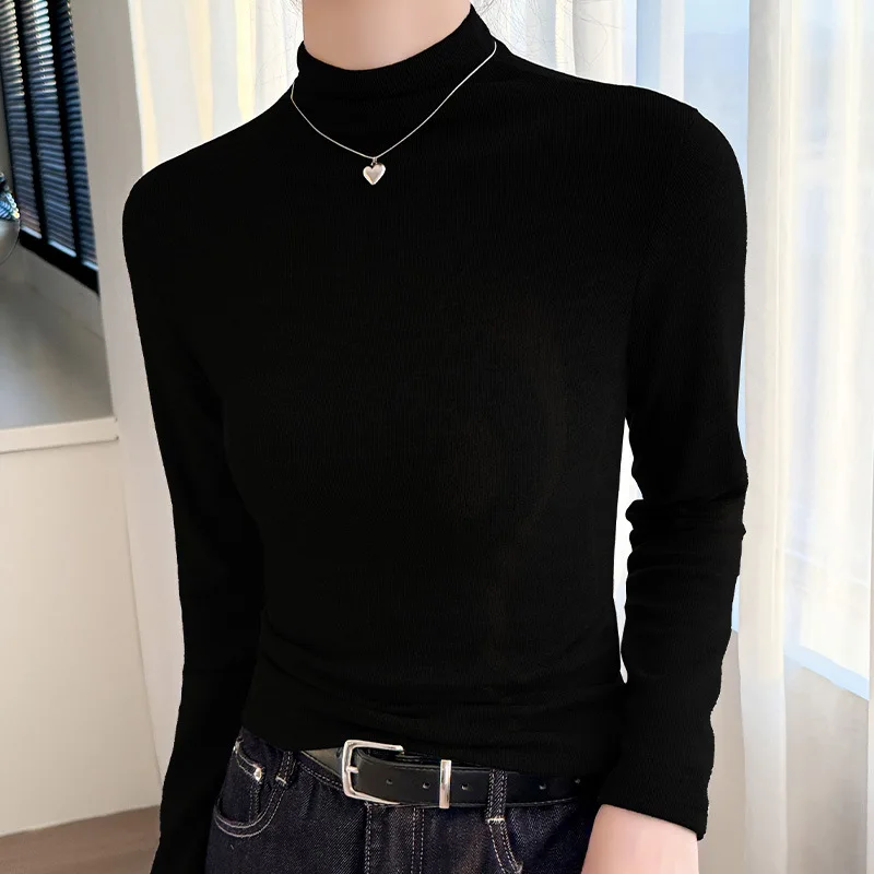 Damska ciepła bluzka bazowa na jesień i zimę z długim rękawem, nowość 2025, uniwersalna bluzka bazowa w jednolitym kolorze z półgolfem.