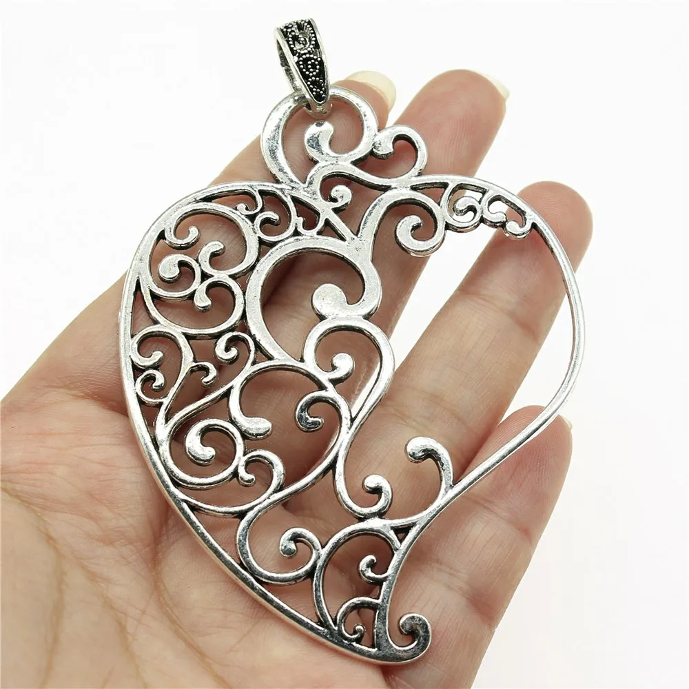 

Wholesale 10pcs/bag 90x61mm Carved Heart Charms Wholesale Antique Silver Color Pendant Charms Wholesale Jewelry Accessories