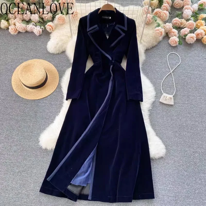 OCEANLOVE French Style Vintage Velvet Long Dresses Notched Collar Autumn Winter Vestidos Fashion A-line Elegant Women Dress