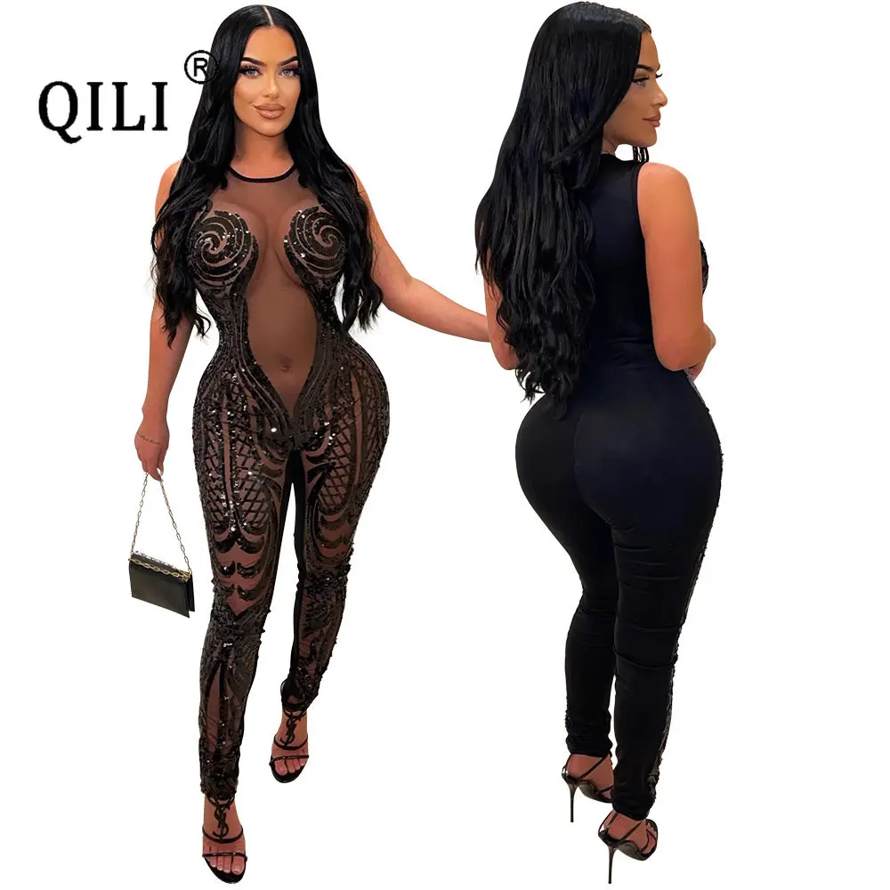 QILI-Sexy Black Sequins Jumpsuit, Sleeveless, Round Neck, Perspective, Polyester Mesh, Spliced, Beaded, Slim Fit Pants