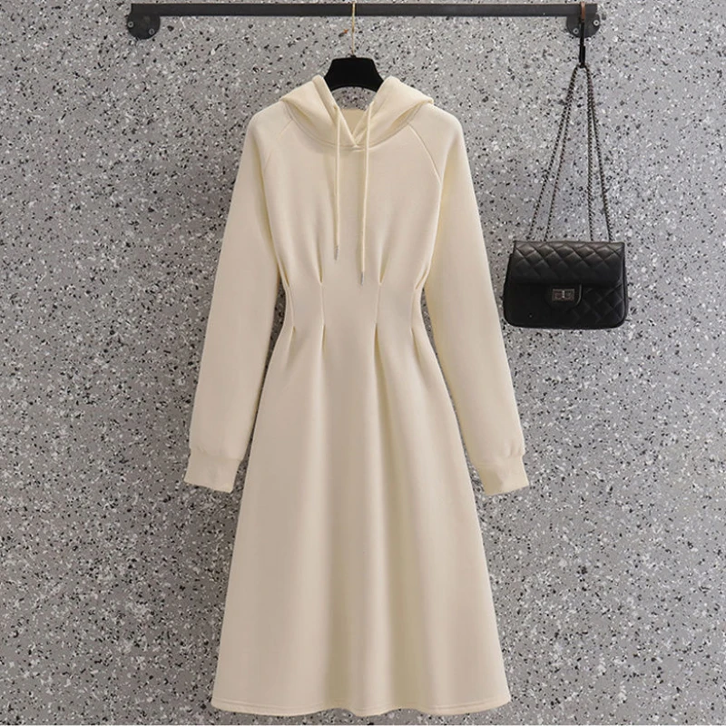 

Women's Mid-Length Drawstring Hooded Dress 2023 Autumn Winter New Korean Style Drawstring All-Matched Dresses