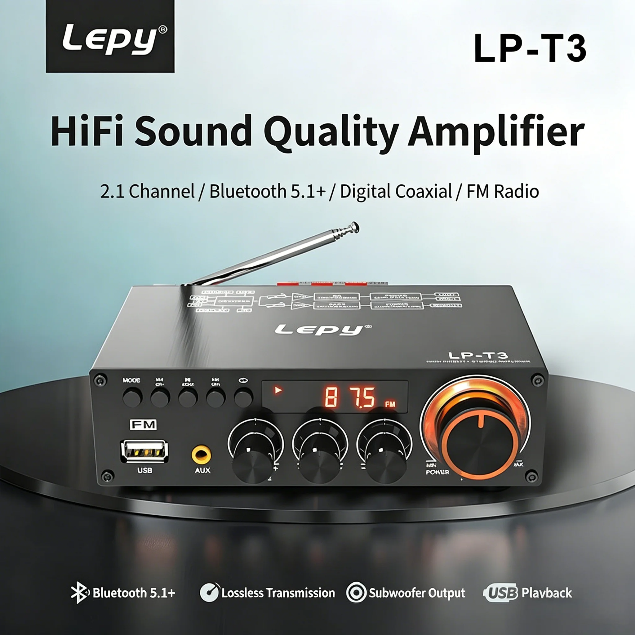 

Lepy-T3 Wireless Amplifier high-power HiFi sound 2.1channel Coaxial 50W×2+100W with Subwoofer Home/Car USB SUB FM Bluetooth 5.1