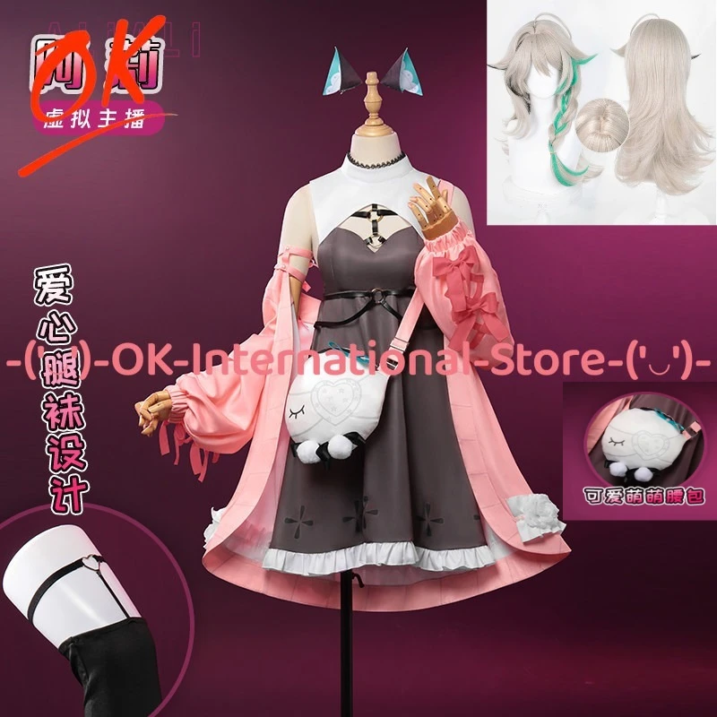 Disfraz de Cosplay de VTuber VirtuaReal Aza Sister Ali, Vestido Lolita con Bolso y Orejas de Gato, Traje para Fiesta de Halloween o Carnaval